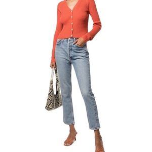 AGOLDE Riley Ankle Crop High Rise Straight Leg Blue Jean Distressed Hem Size 30